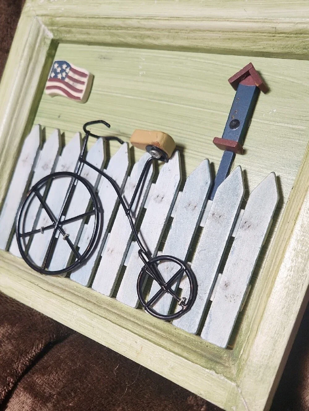 Handcrafted Green Wall Art with White Picket Fence & Black Bicycle Accent